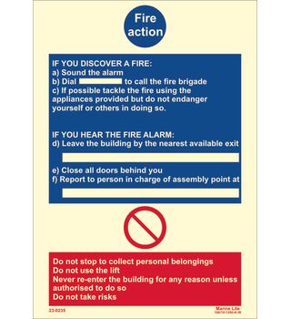 Fire Action. Instructions on what to do if you discover a fire 23-0235