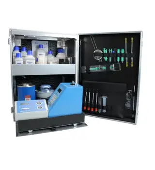 Fully equipped wall-mountable marine fuel and lube oil test cabinet for on-board engine maintenance.